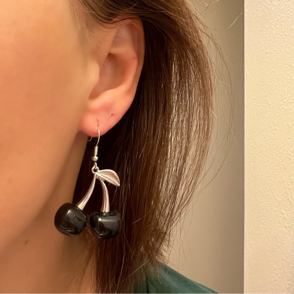 Silver & Black Cherry Fruit Earrings NEW - Picture 4 of 6